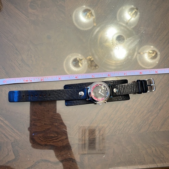 Fossil Big Tic Watch, Silver Tone, Pink Flame, Black Leather Cuff - Picture 5 of 6